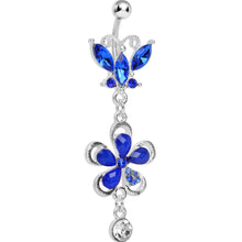 Load image into Gallery viewer, Dark Blue Gem Butterfly Flower Drop Belly Ring
