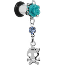 Load image into Gallery viewer, Aqua Rose Flower Skull Crossbones Dangle Plug Sizes 5mm to 12mm
