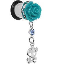 Load image into Gallery viewer, Aqua Rose Flower Skull Crossbones Dangle Plug Sizes 5mm to 12mm

