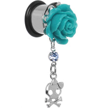 Load image into Gallery viewer, Aqua Rose Flower Skull Crossbones Dangle Plug Sizes 5mm to 12mm
