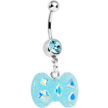 Load image into Gallery viewer, Crystalline Gem Aqua Glitter Bow Dangle Belly Ring
