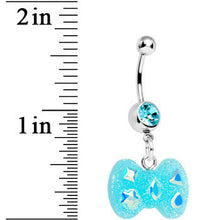 Load image into Gallery viewer, Crystalline Gem Aqua Glitter Bow Dangle Belly Ring
