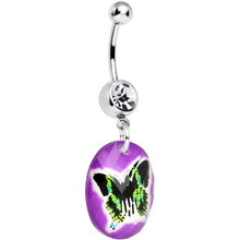 Load image into Gallery viewer, Purple Gem Black Butterfly Dangle Belly Ring
