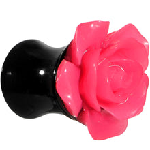 Load image into Gallery viewer, 2G Acrylic Black Neon Pink Rose Flower Saddle Plug
