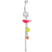 Load image into Gallery viewer, Crystalline Gem Pink Neon Bird Yellow Neon Rose Flower Dangle Belly Ring
