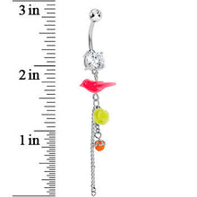 Load image into Gallery viewer, Crystalline Gem Pink Neon Bird Yellow Neon Rose Flower Dangle Belly Ring
