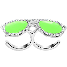 Load image into Gallery viewer, Green Neon Clear Gem Silver Tone Fashion Glasses Double Finger Ring
