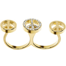 Load image into Gallery viewer, Clear Gem Gold Tone Triple Peace Sign Double Finger Ring
