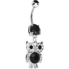 Load image into Gallery viewer, Black Gem Paved Clever Owl Dangle Belly Ring
