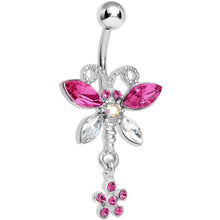 Load image into Gallery viewer, Pink Crystalline Gem Dazzling Dragonfly Flower Dangle Belly Ring

