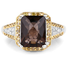 Load image into Gallery viewer, 3.48 Carat Genuine Smoky Quartz, Yellow Diamond and White Diamond .925 Sterling Silver Ring
