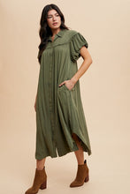 Load image into Gallery viewer, Mineral Washed Button Down Puff Sleeve Shirt Dress For Women – Fluttering, Fashionable Button Down Dress with Puff Sleeves, Mineral Wash for an Effortlessly Chic Look
