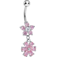 Load image into Gallery viewer, Pink Gem Twice as Nice Flower Dangle Belly Ring

