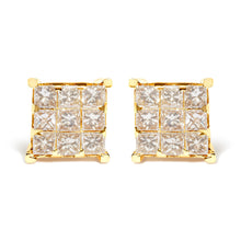 Load image into Gallery viewer, 14K Yellow Gold 1 1/2 Cttw Invisible Set Princess-Cut Diamond 9 Stone Square Stud Earrings (J-K Color, SI2-I1 Clarity)
