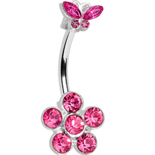 Load image into Gallery viewer, Pink Gem Butterfly Flower Double Mount Belly Ring
