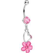 Load image into Gallery viewer, Pink Gem Hollow Heart Flower Dangle Belly Ring
