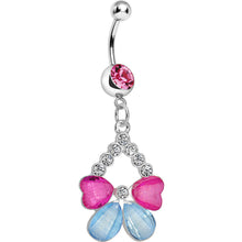 Load image into Gallery viewer, Pink Gem Split Drop Pink and Aqua Butterfly Dangle Belly Ring
