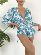 Load image into Gallery viewer, Island Bloom 3-Piece Bikini Set for Women – Tropical Leaf Print Fluttering Swimwear with Flattering Halter Neck Top High Waist Bottoms &amp; Adjustable Drawstring Cover Up – Perfect for Koningsdag Celebrations &amp; Summer Adventures
