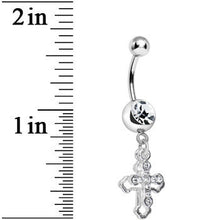 Load image into Gallery viewer, Clear Gem Hollow Cross Charm Double Dangle Belly Ring
