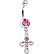 Load image into Gallery viewer, Pink Gem Hollow Cross Charm Double Dangle Belly Ring
