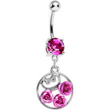 Load image into Gallery viewer, Pink CZ Triple Rose Flower Hoop Charm Dangle Belly Ring
