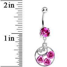 Load image into Gallery viewer, Pink CZ Triple Rose Flower Hoop Charm Dangle Belly Ring

