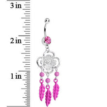 Load image into Gallery viewer, Pink Gem and Feathers Flowered Dreamcatcher Dangle Belly Ring
