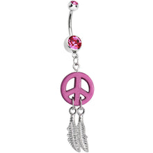 Load image into Gallery viewer, Pink Gem Peace Sign Dreamcatcher Dangle Belly Ring
