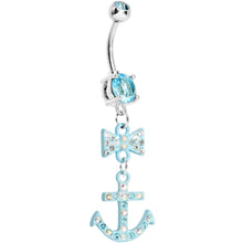Load image into Gallery viewer, Aqua Double Gem Bow Tie Aqua Anchor Dangle Belly Ring
