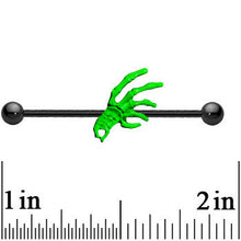 Load image into Gallery viewer, Black Anodized Titanium Creepy Green Skeleton Hand Industrial Barbell
