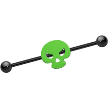 Load image into Gallery viewer, Black Anodized Titanium Fierce Green Half Skull Industrial Barbell
