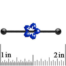 Load image into Gallery viewer, Black Anodized Titanium Blue Hawaiian Flower Industrial Barbell
