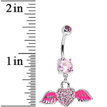 Load image into Gallery viewer, Pink Gem Paved Heart Neon Wings Dangle Belly Ring
