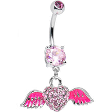 Load image into Gallery viewer, Pink Gem Paved Heart Neon Wings Dangle Belly Ring
