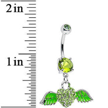Load image into Gallery viewer, Green Gem Paved Heart Neon Wings Dangle Belly Ring
