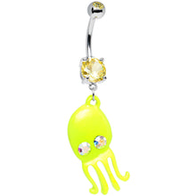 Load image into Gallery viewer, Yellow Aurora Gem Neon Baby Octopus Dangle Belly Ring
