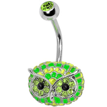 Load image into Gallery viewer, Green Gem with Multi Neon Feathers Owl Face Belly Ring
