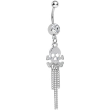 Load image into Gallery viewer, Clear Gem Rattling Chains Skull and Bones Dangle Belly Ring
