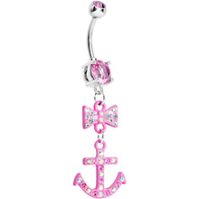 Load image into Gallery viewer, Pink Double Gem Bow Tie Pink Anchor Dangle Belly Ring

