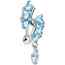 Load image into Gallery viewer, Aqua Gem Hearts and Dangling Drop Top Mount Belly Ring
