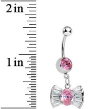 Load image into Gallery viewer, Pink and Clear Gem Dazzling Bow Dangle Belly Ring
