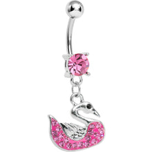 Load image into Gallery viewer, Pink Gem Paved Pink Swan Dangle Belly Ring
