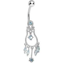 Load image into Gallery viewer, Aqua Gem Pear with Dainty Rose Flower Dangle Belly Ring
