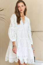 Load image into Gallery viewer, Lace Detail Tiered Eyelet V-Neck Babydoll Dress For Women – Feminine Boho Chic Dress, Fluttering, Elegant Lace &amp; Eyelet
