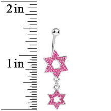 Load image into Gallery viewer, Pink Gem Paved Double Star of David Dangle Belly Ring
