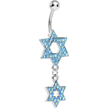 Load image into Gallery viewer, Aqua Gem Paved Double Star of David Dangle Belly Ring
