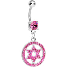 Load image into Gallery viewer, Pink Gem Paved Enclosed Star of David Dangle Belly Ring
