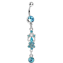 Load image into Gallery viewer, Aqua Gem Antique Scrolls and Flower Dangle Belly Ring

