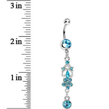Load image into Gallery viewer, Aqua Gem Antique Scrolls and Flower Dangle Belly Ring
