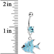 Load image into Gallery viewer, Aqua Gem Paved Brilliant Fish Dangle Belly Ring
